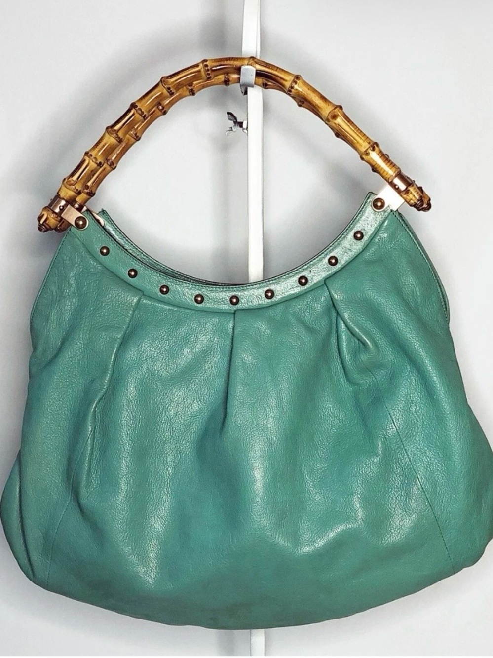 Gucci Turquoise Leather Shoulder Bag with Bamboo Handle